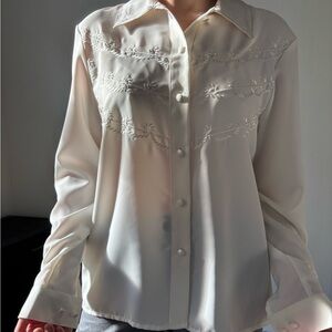 Vintage Euro Ivory Cottagecore Embroidered Western Sheer Ethereal Large Top